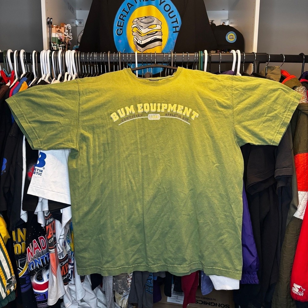 Vintage BUM Equipment Spell Out T Shirt Made In Canada Olive Green Mens XXL